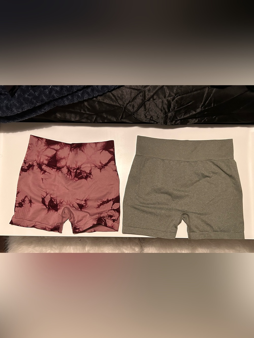 Women's High-Waist Active Shorts — Mauve Tie-Dye and Olive Green